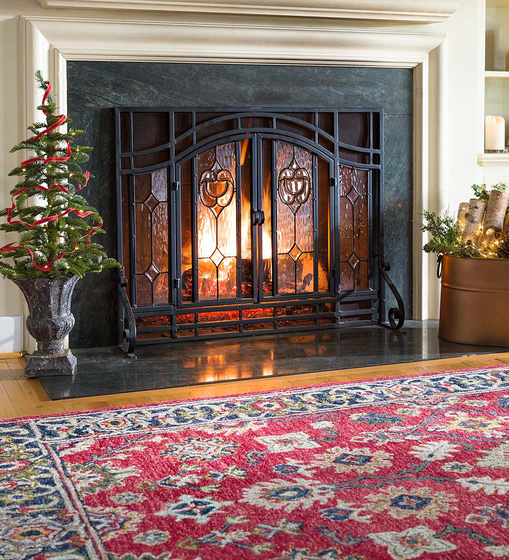 Small Two-Door Fireplace Screen with Glass Floral Panels