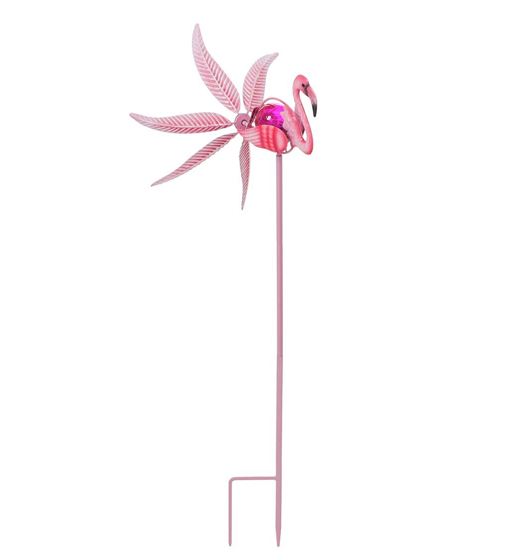 Solar Flamingo Metal Wind Spinner with Glass Orb