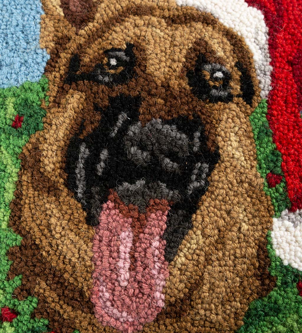 Holiday German Shepherd with Wreath Hand-Hooked Wool Throw Pillow