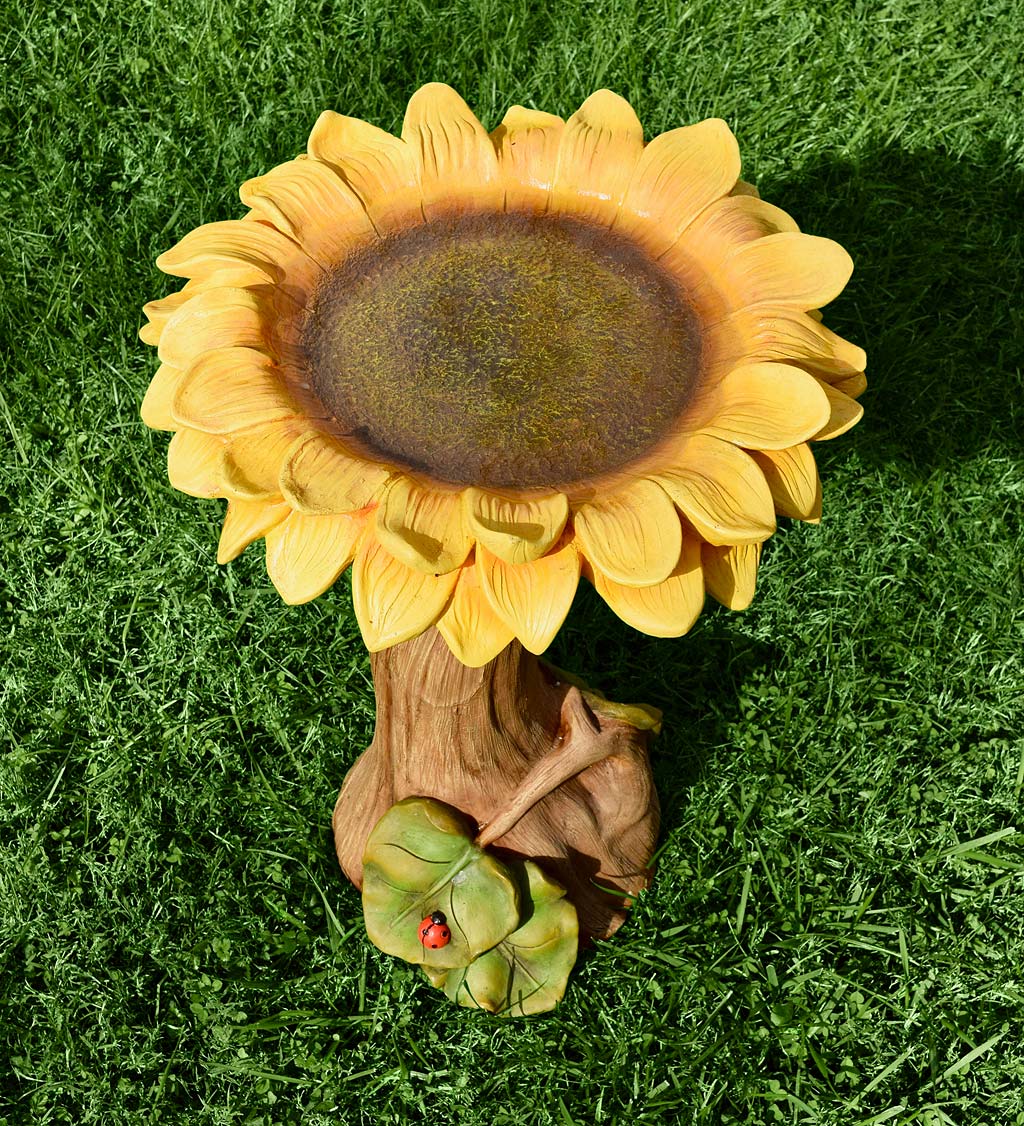 Sunflower Birdbath with Carved Leaves and Ladybug Design