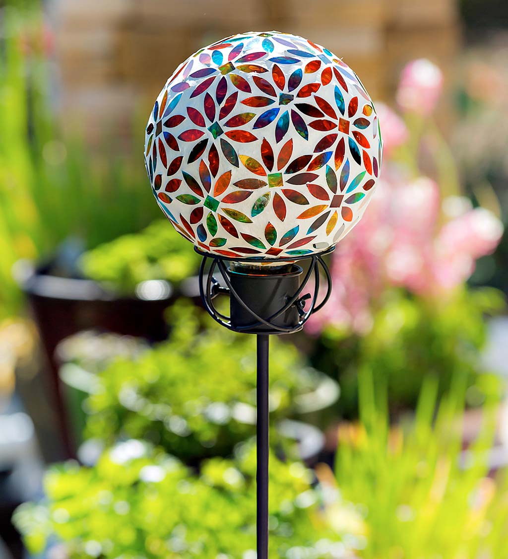 Red and Gold Lilys Home Colorful Mosaic Glass Gazing Ball Designed with a Stunning Holographic Petal Mosaic Pattern to Bring Color and Reflection to Any Home and Garden 10 Diameter