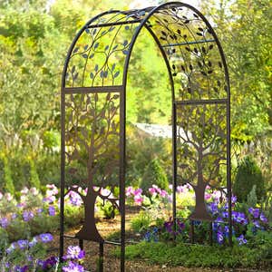 Metal Arched Garden Arbor with Tree of Life Design