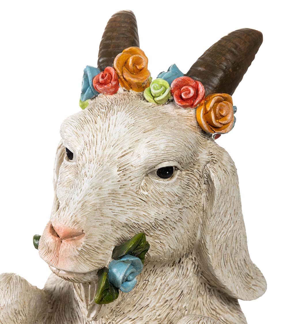 Goat With Floral Crown Carved Birdbath