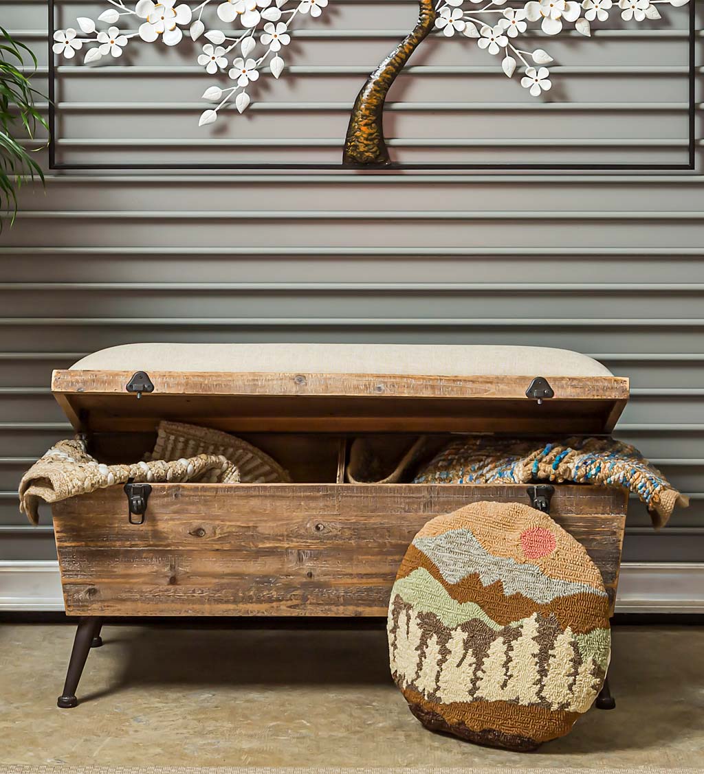 Rustic Wooden Storage Bench with Cushion Top