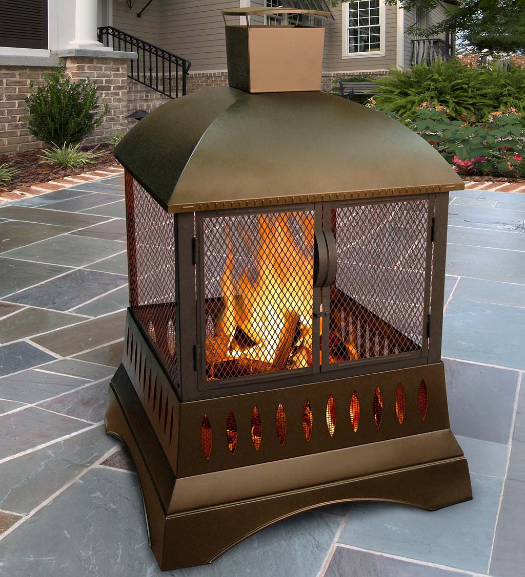 Grandezza Fireplace Style Wood Burning Fire Pit With Chimney Metallic Brown Plowhearth