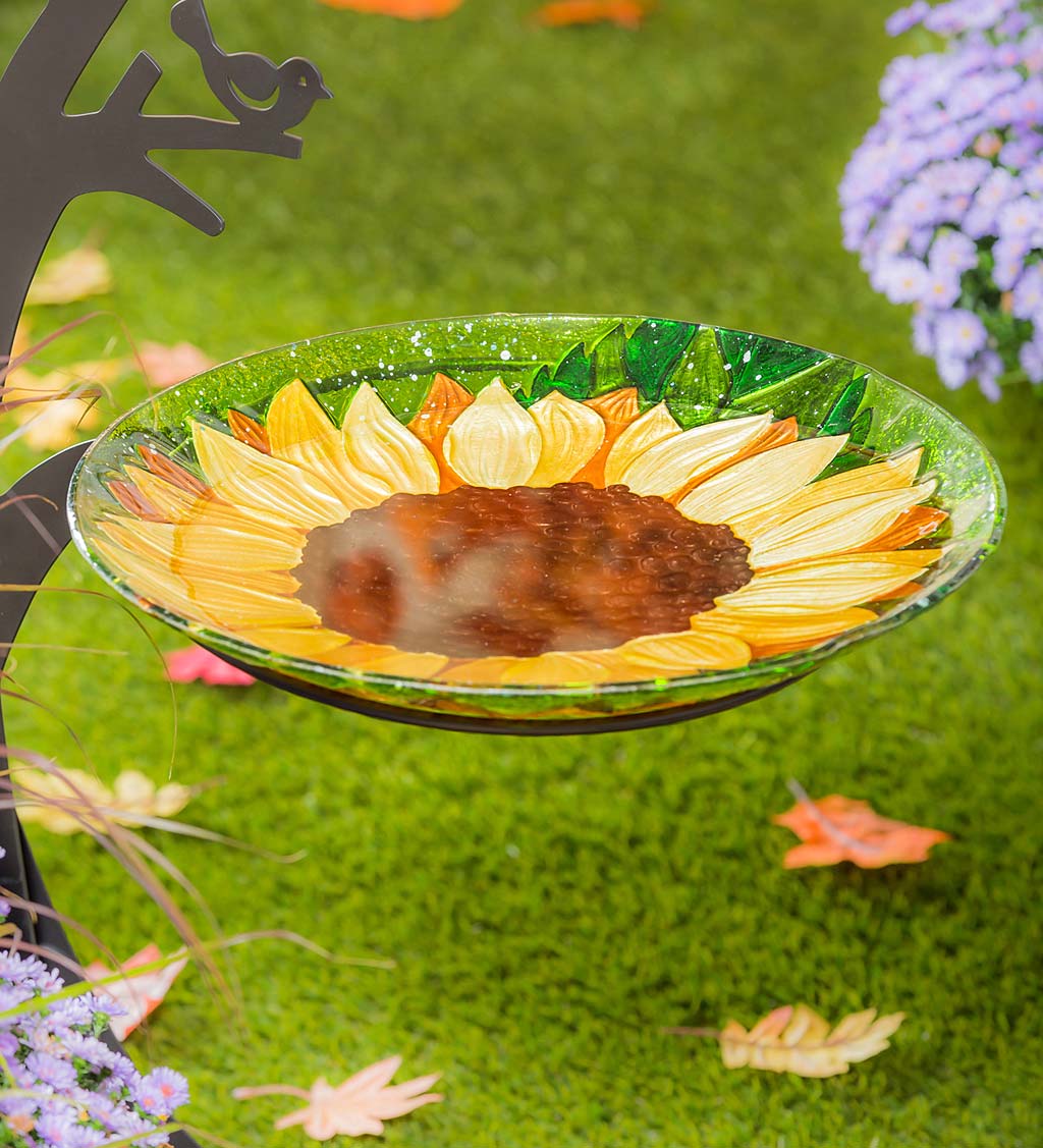 Details about   Mumtop Hanging Bird Bath Glass Bird Bath Sunflower Print With Water Ripple Rim 1 