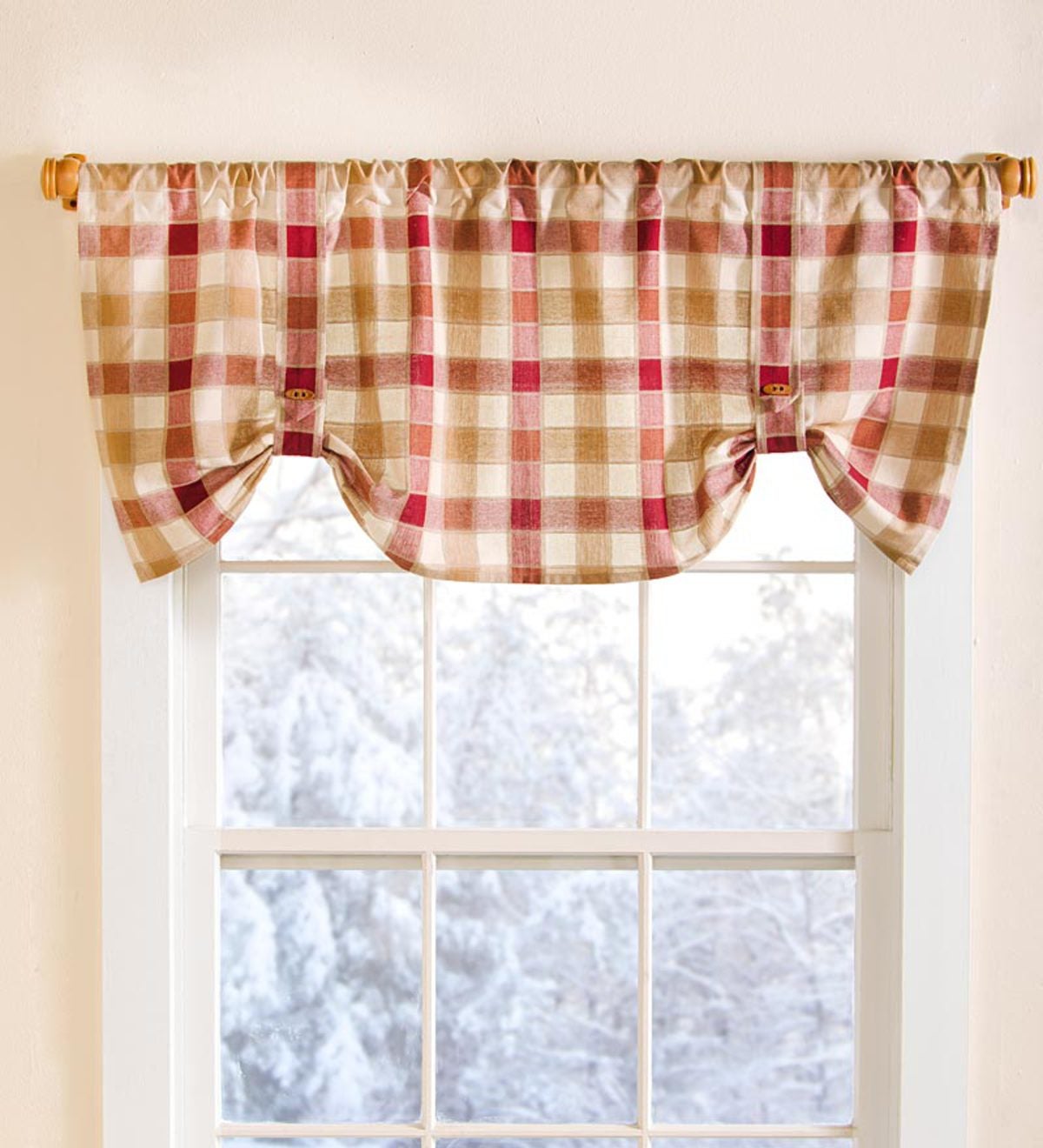 Tie Up Buffalo Plaid Lined Cotton Window Valance With Button Ties