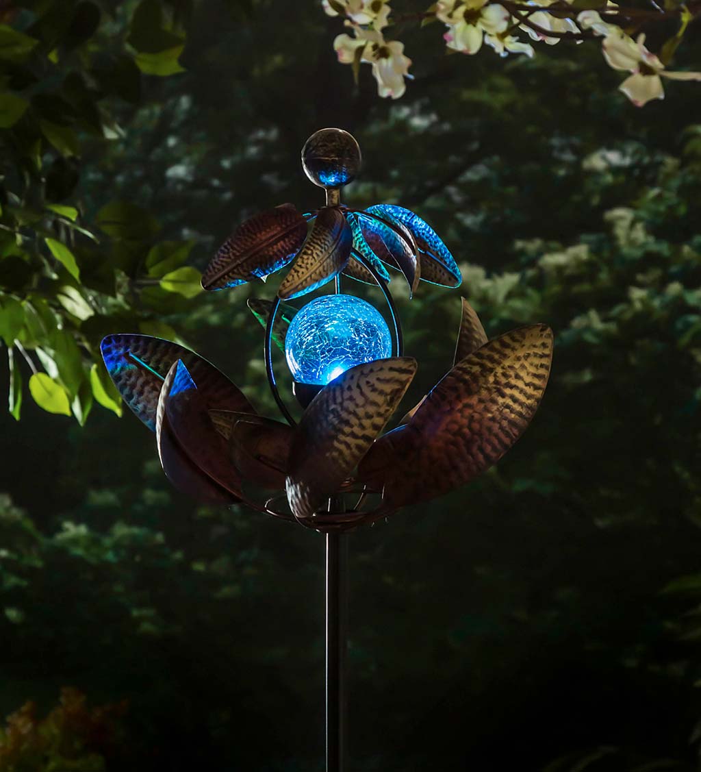 Solar Copper Flower Wind Spinner with Crackle Glass Orb