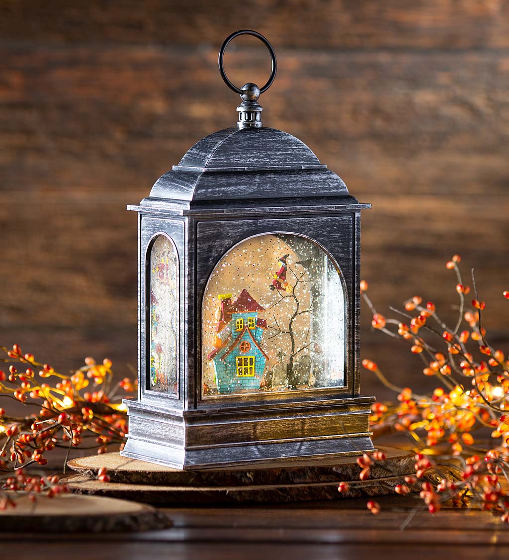 Lighted Halloween Lantern with Spooky Scene and Glitter