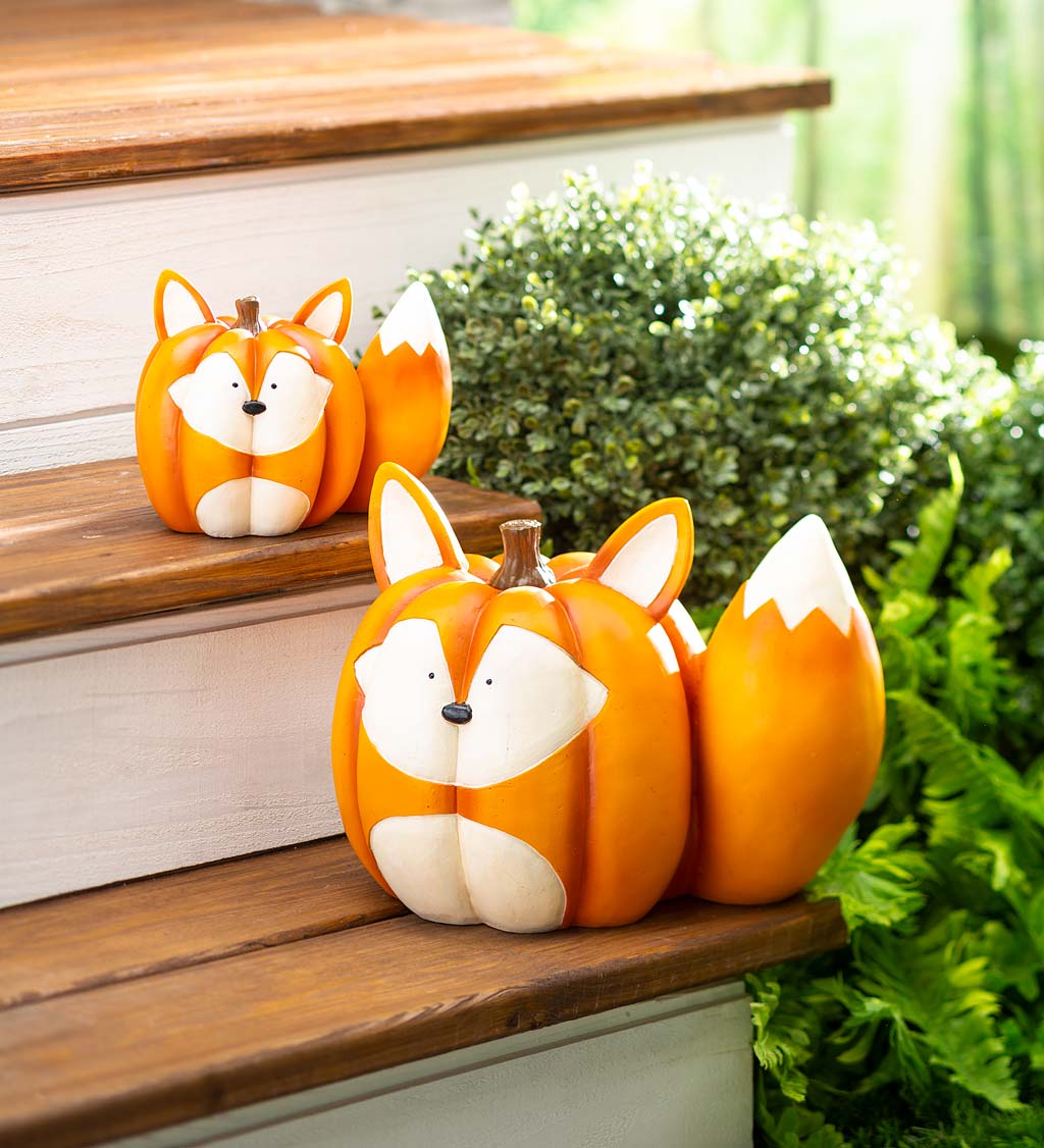 Mother And Baby Fox Pumpkin Statues, Set of 2