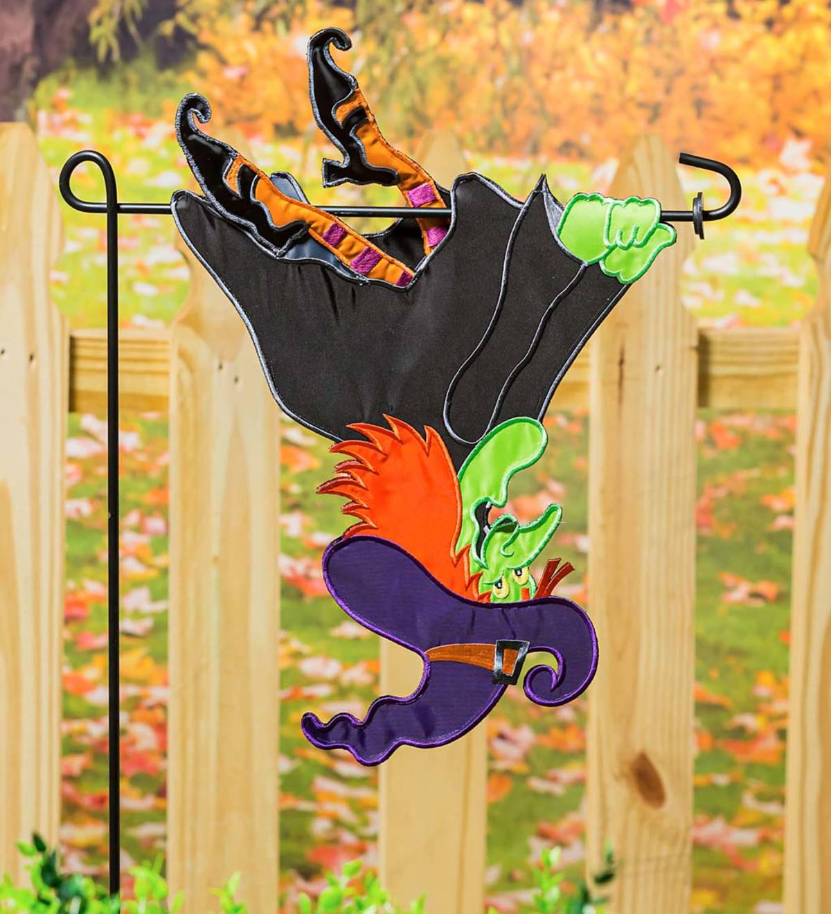 Sculpted Upside Down Flying Witch Halloween Applique Garden Flag