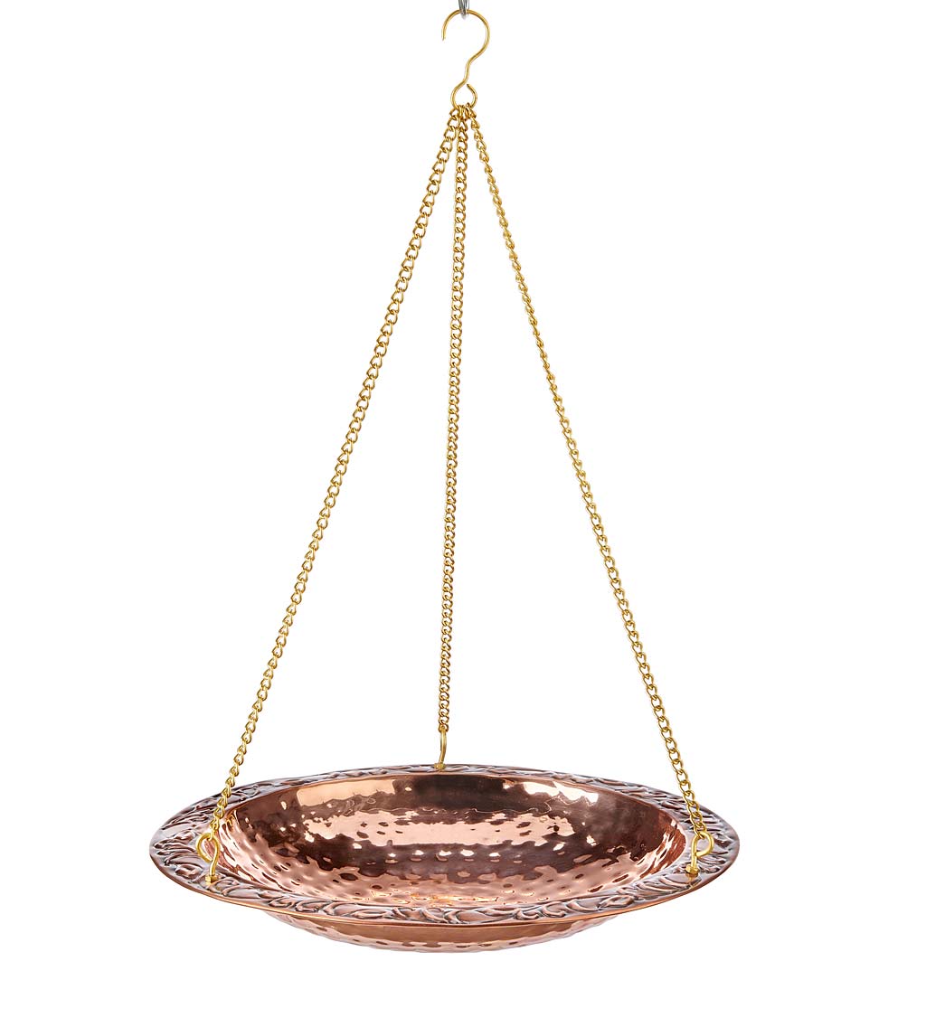 Pure Copper Hanging Birdbath on 17" Long Brass Chain with Hook