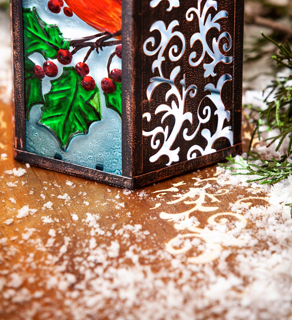 Hand-Painted Holiday Cardinal Embossed Glass Solar Lantern