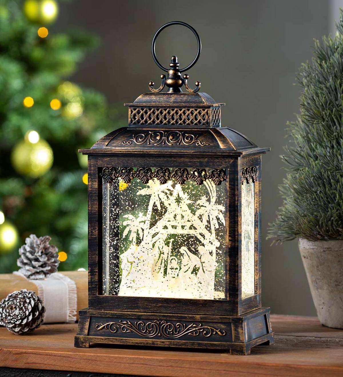 LED Nativity Lantern Rustic White 11 x 7 Acrylic Christmas Snow Globe Swirl Dome