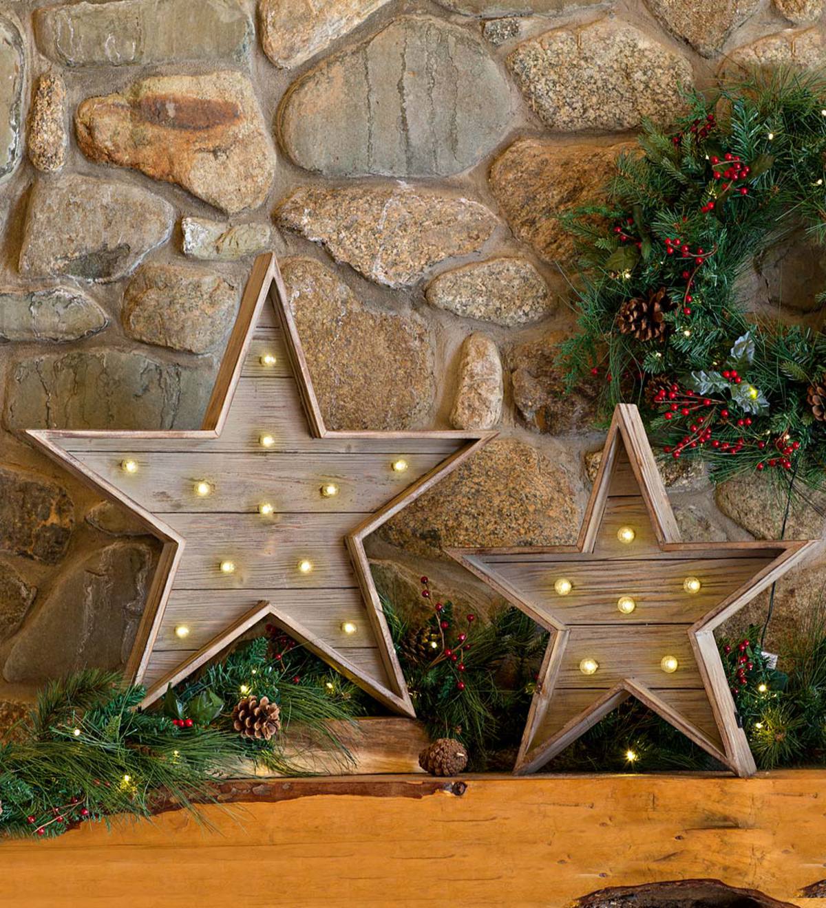 Wooden Stars With Led Lights Set Of 2 Plowhearth