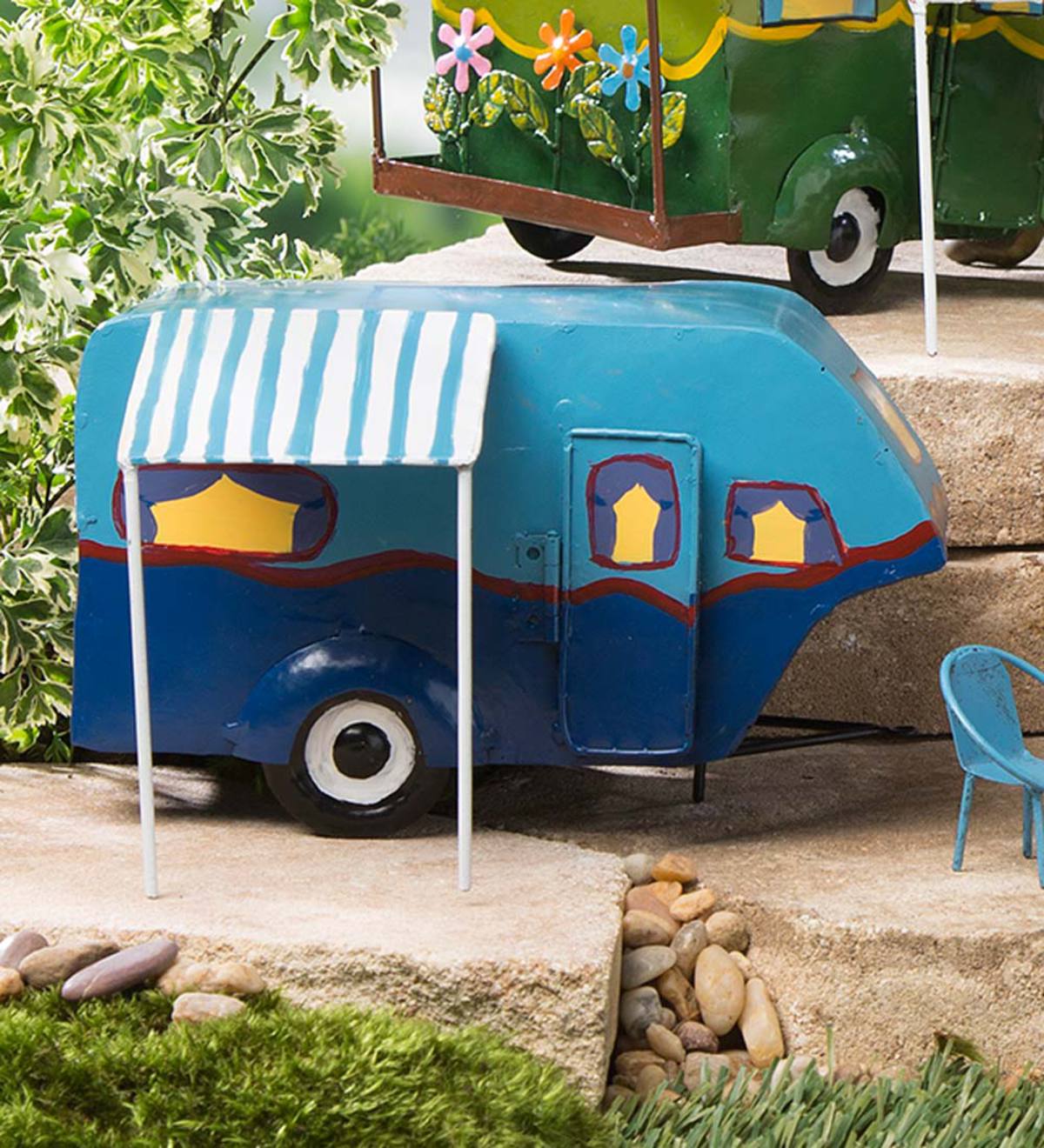 Miniature Fairy Garden Camper With Awning Blue Plowhearth