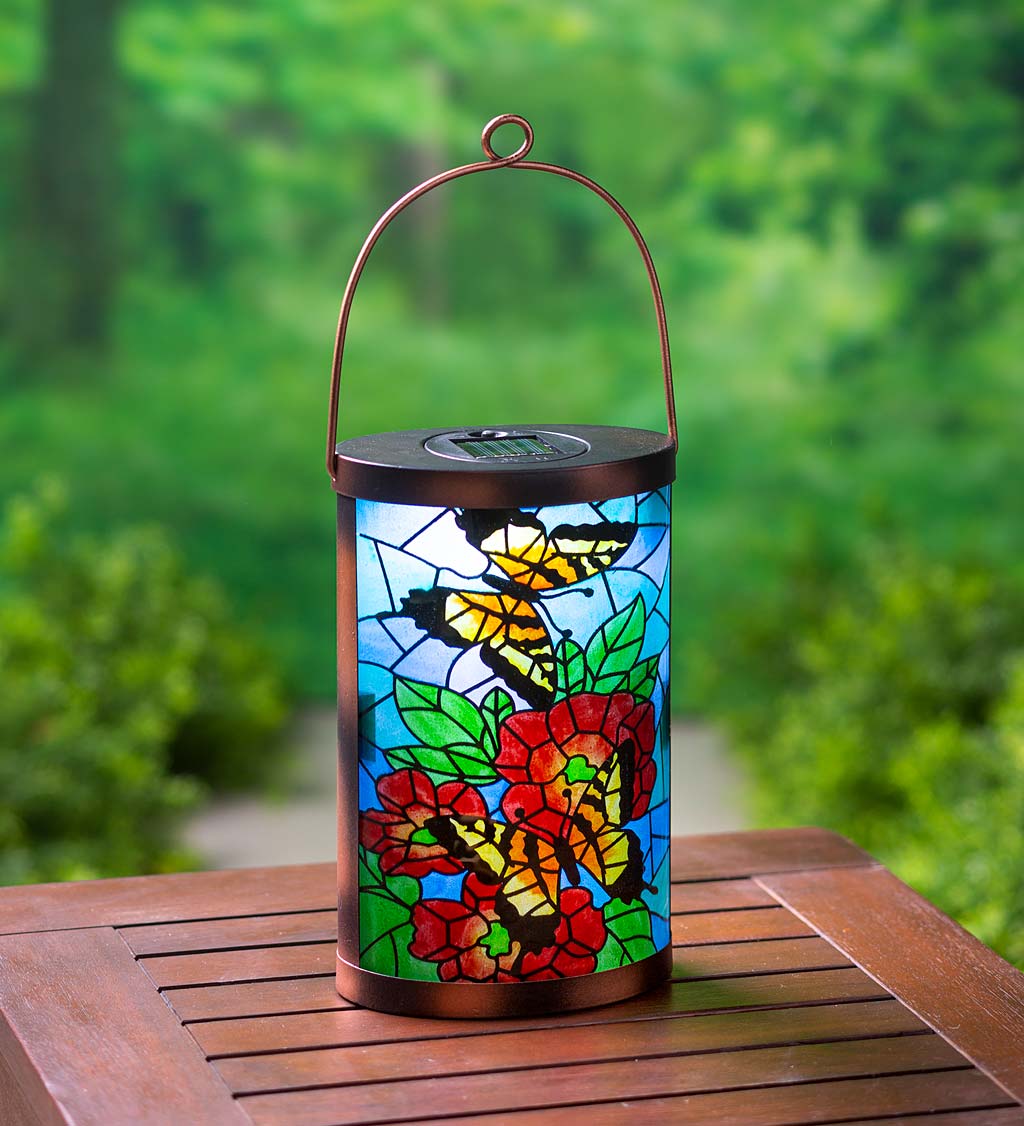 7 Long x 4 Wide x 15 High Evergreen Garden Alluring Stained Glass Hand-Painted Mosaic Holly Medallion Solar Glass Lantern 