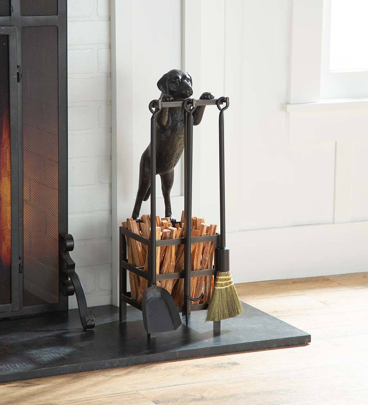 Labrador Puppy Fireplace 3 Piece Tool Set With Fatwood Storage Space Plowhearth