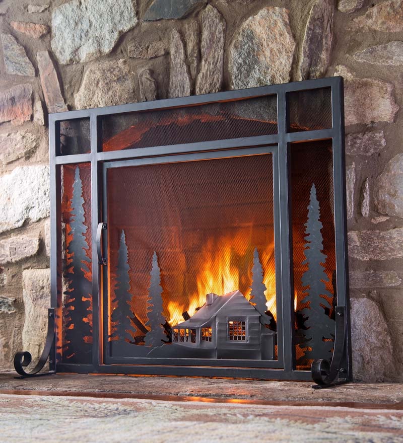Mountain Cabin Fire Screen With Door, Fireplace Mesh Screen Curtain Home Depot