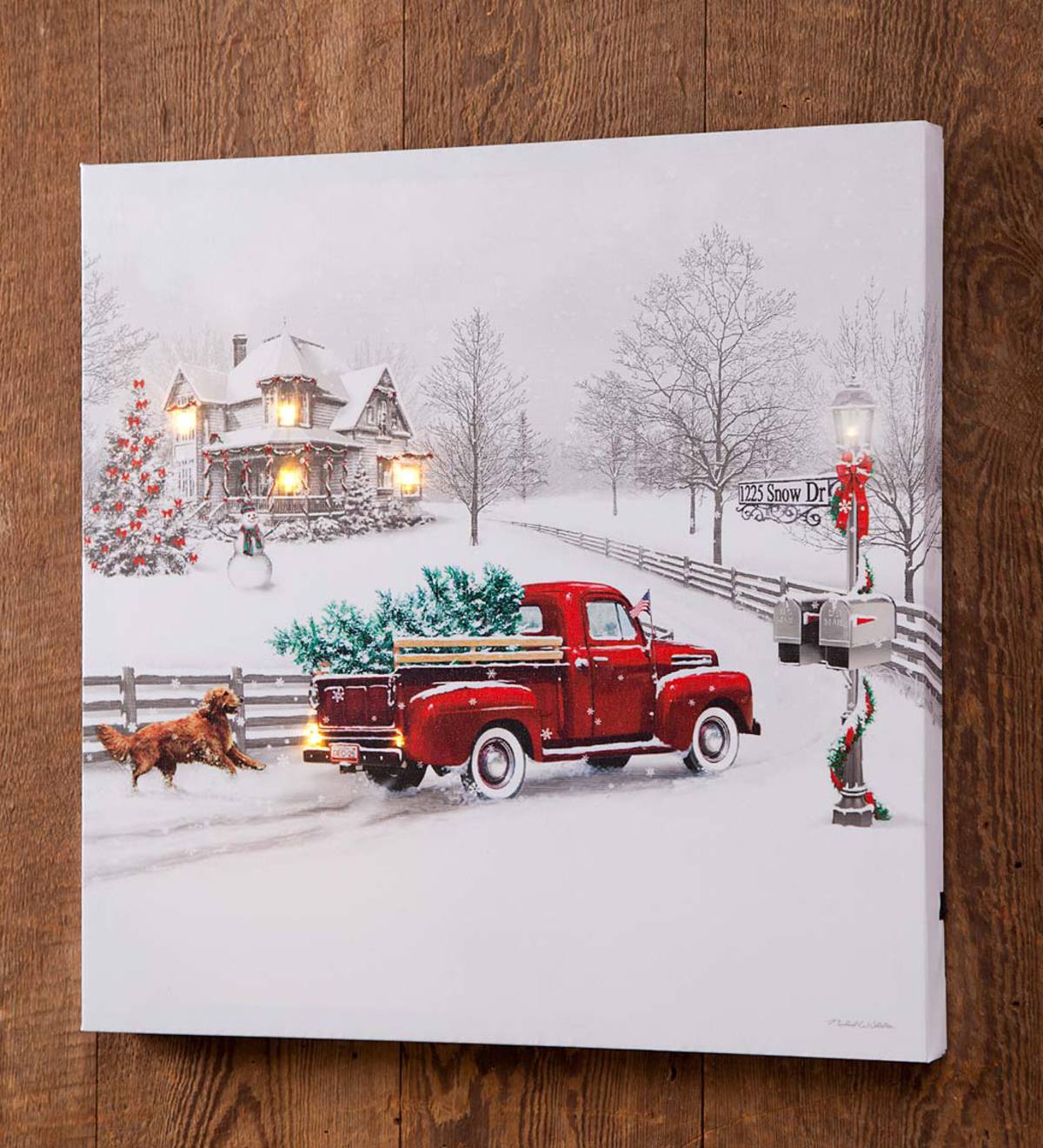 LED Lighted Labradors In A Red Pickup Truck Christmas Home Canvas Wall Art 