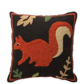 Indoor/Outdoor Woodland Hooked Pillow with Squirrel