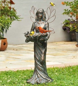 A Fern Fairy Statuary with Hummingbird Feeder Fern Fairy Sculpture and Spring Summer Garden Sculptures Hanging Bird Nesting Houses 2 in 1 Feeder and Portrait Sculpture Decorations Ornament 