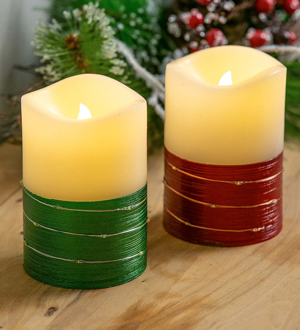 LED Half Metallic Wire Wrapped Flameless Pillar Candles, Set of 2