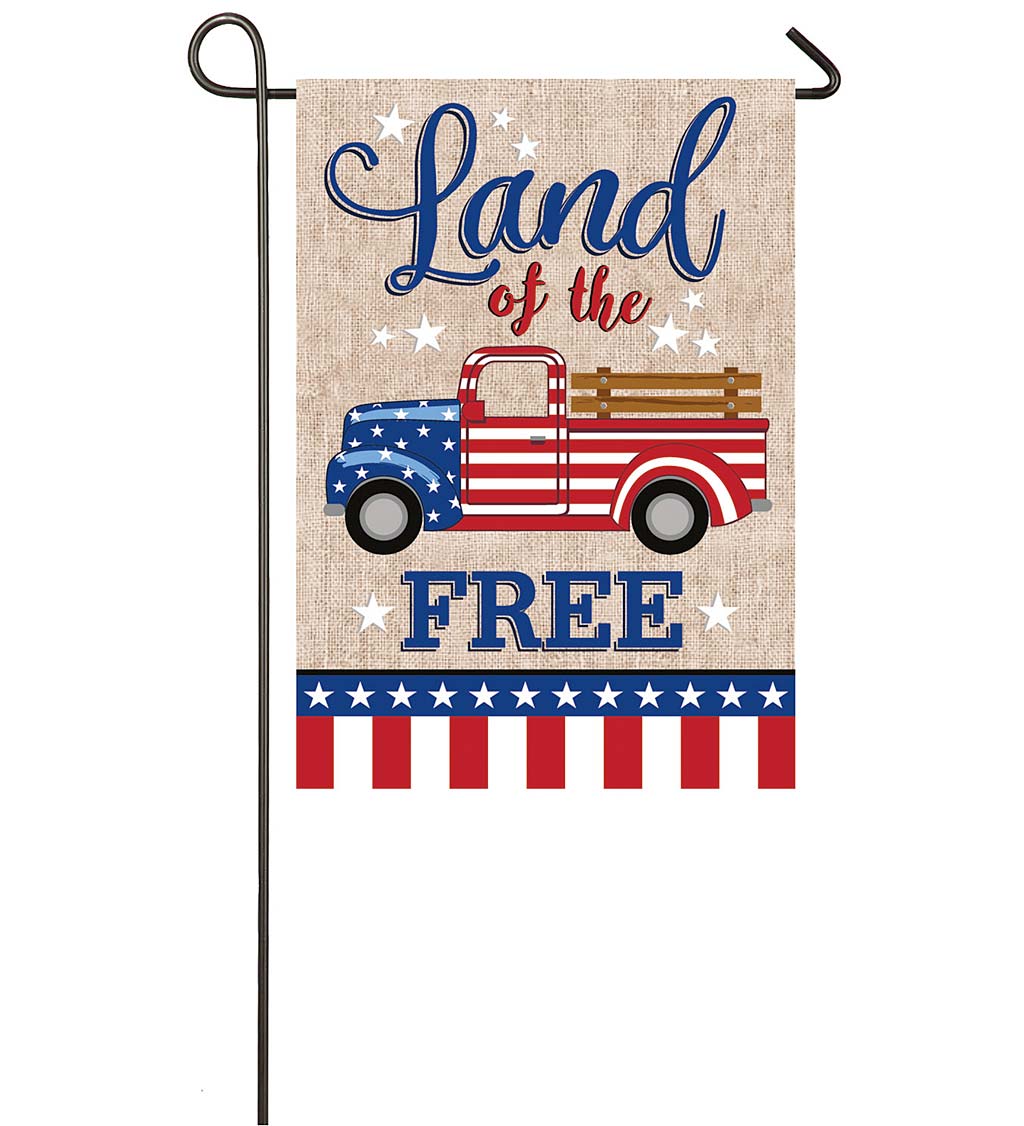 Patriotic Land Of The Free Vintage Truck Burlap Garden Flag