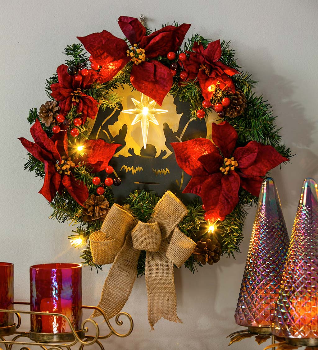 LED Christmas Nativity Poinsettia Wreath