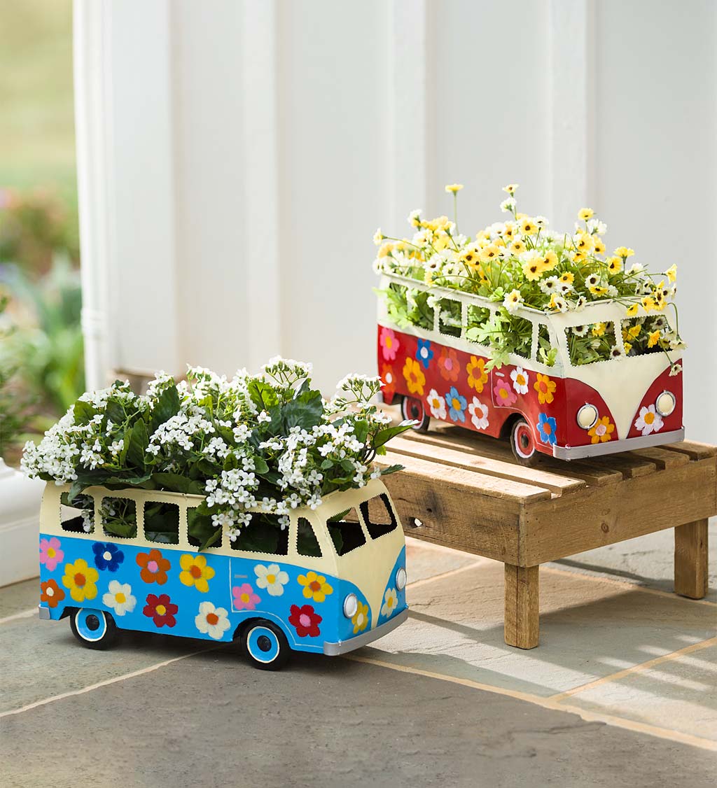 Vintage Style Flower Power Miniature Bus Garden Planter