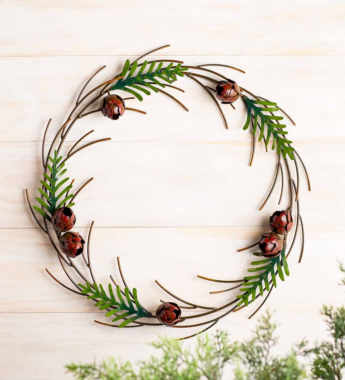 Handcrafted Metal Pine Branches and Pinecones Indoor/Outdoor Wreath