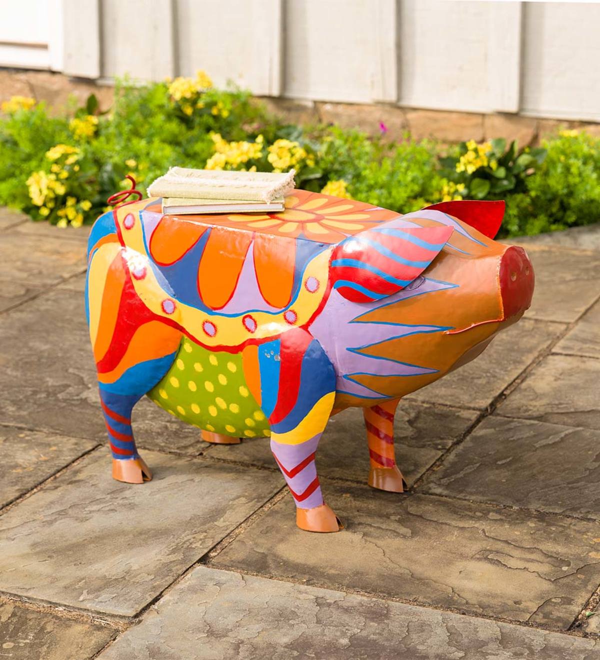 Colorful Folk Art Pig Side Table