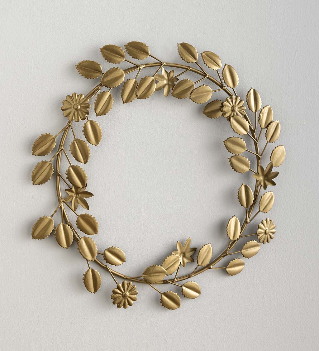 Metal Floral and Foliage Wreath with Golden Finish