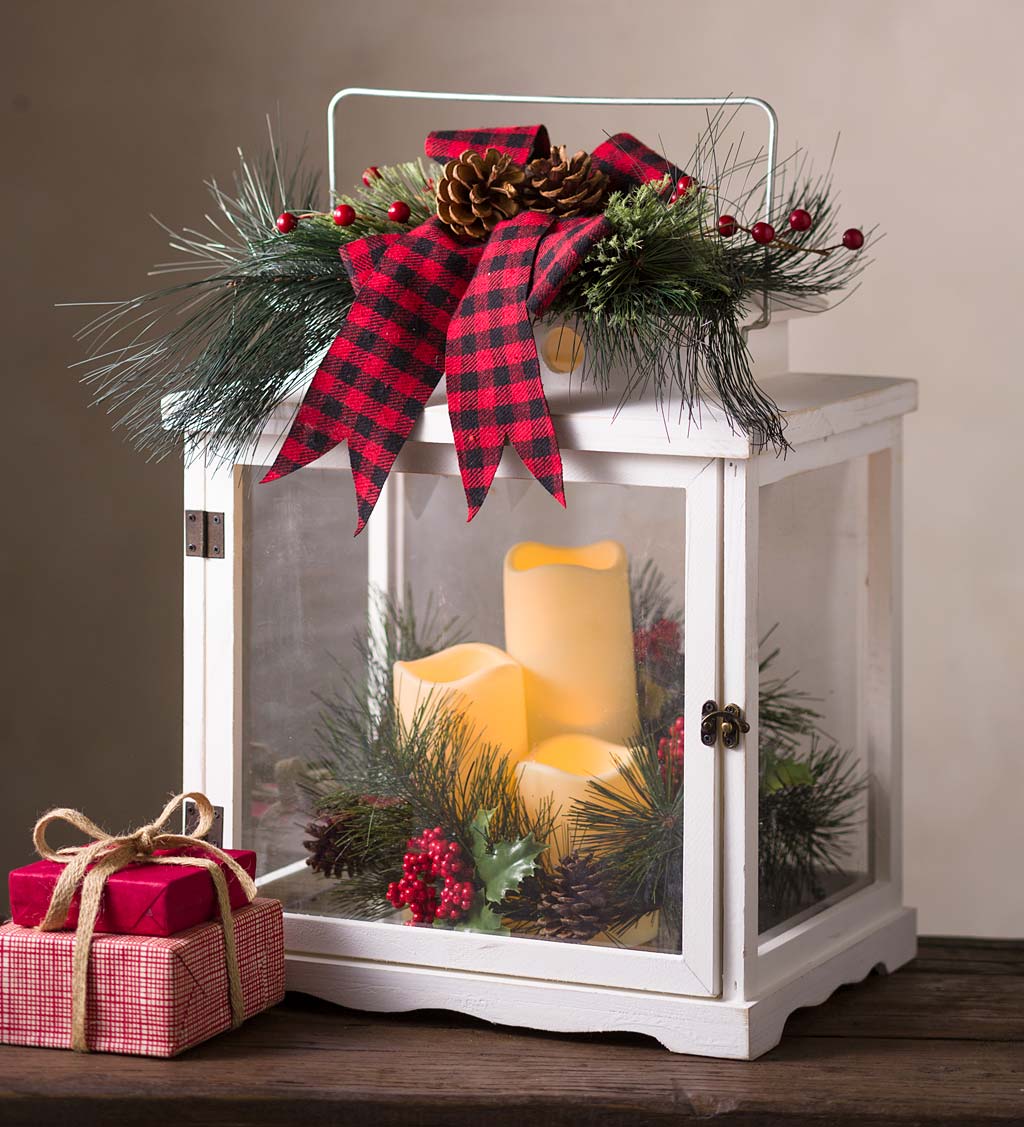 Rustic Holiday Lantern with LED Candles - Ivory | Plow & Hearth