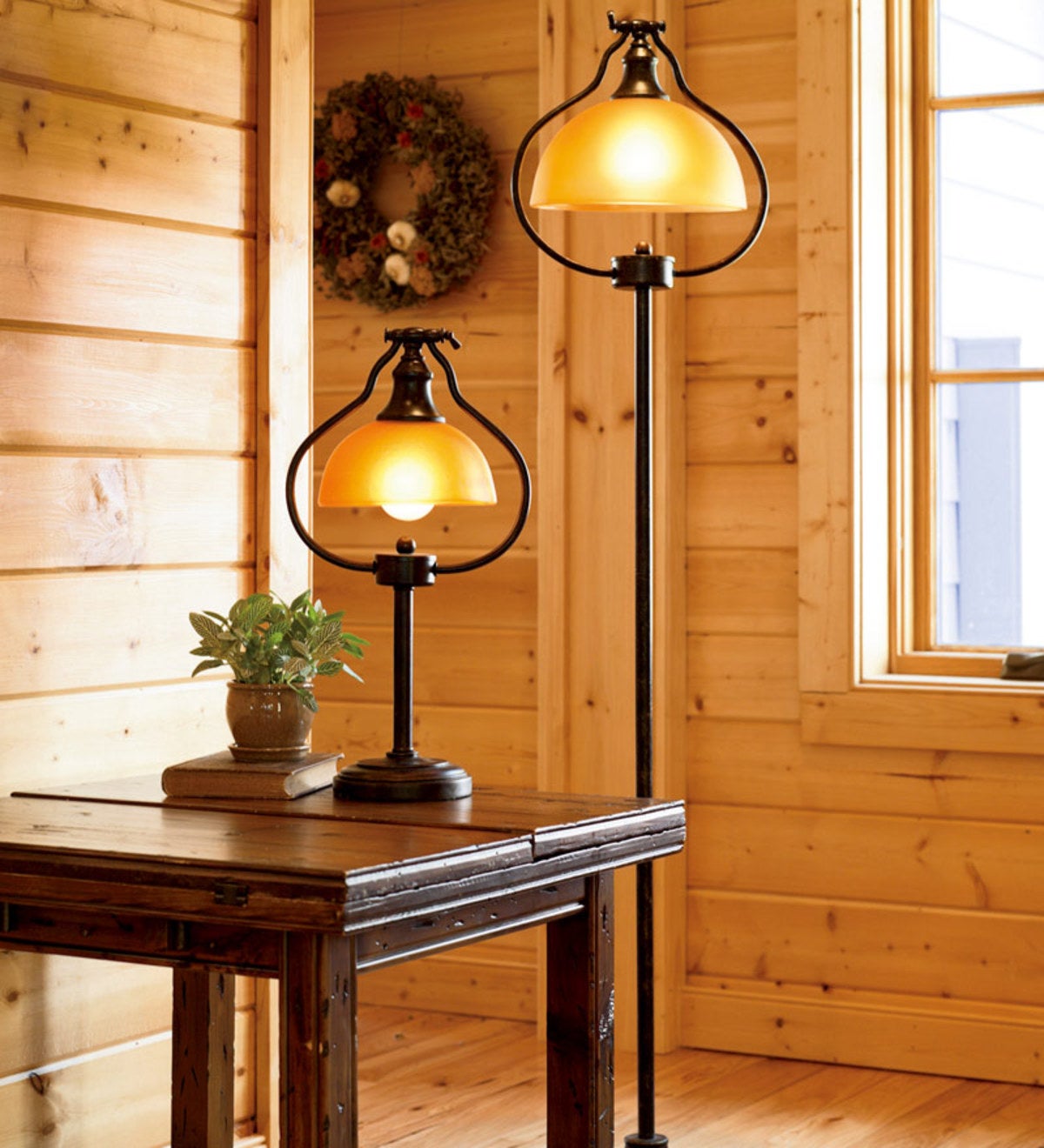 Library Table/Desk Lamp with Amber Glass Shade and Antique Bronze Finish