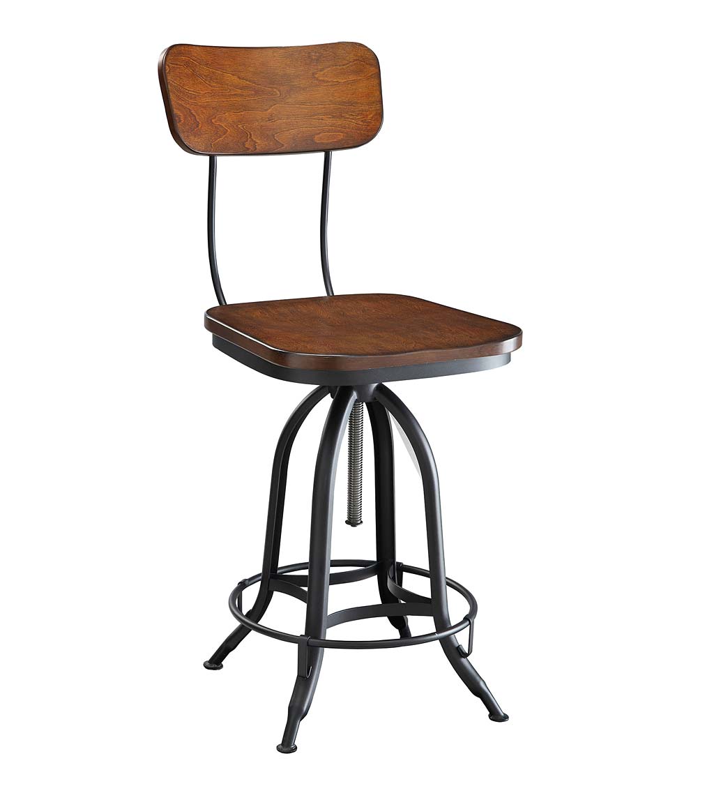 Deluxe Adjustable-Height Wood and Metal Stool with Back Rest