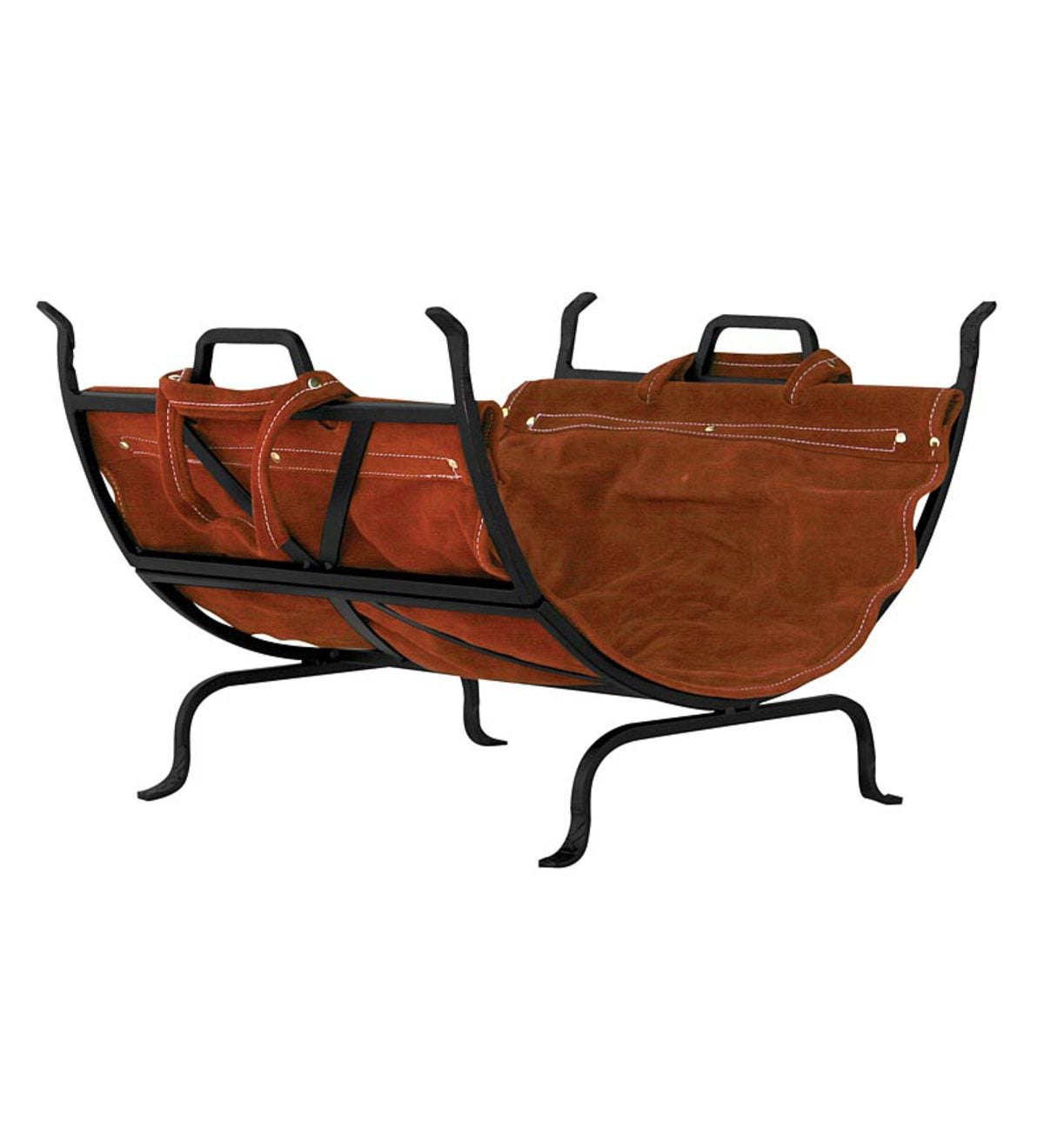 Black Wrought Iron Log Holder With Leather Carrier