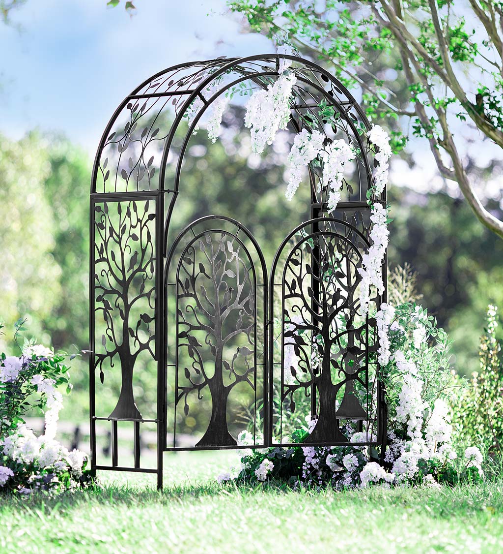 Metal Tree Of Life Arched Garden Arbor, Iron Garden Trellis With Gate