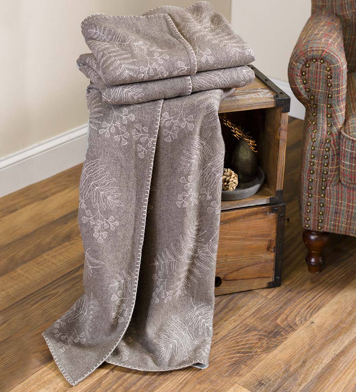Oversized Embroidered Forest Floor Wool Throw | Plow & Hearth