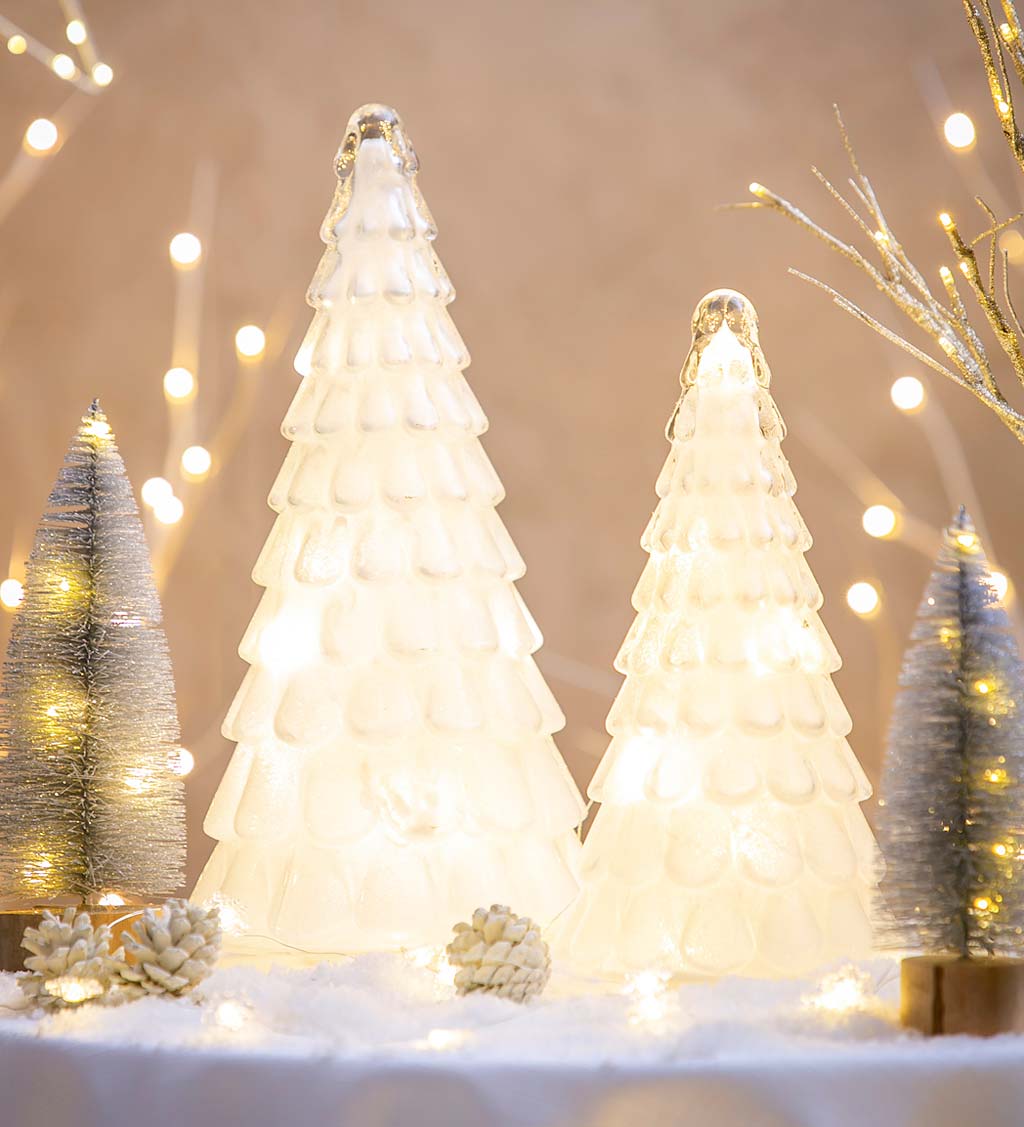 LED White Glass Trees with Glitter, Set of 2