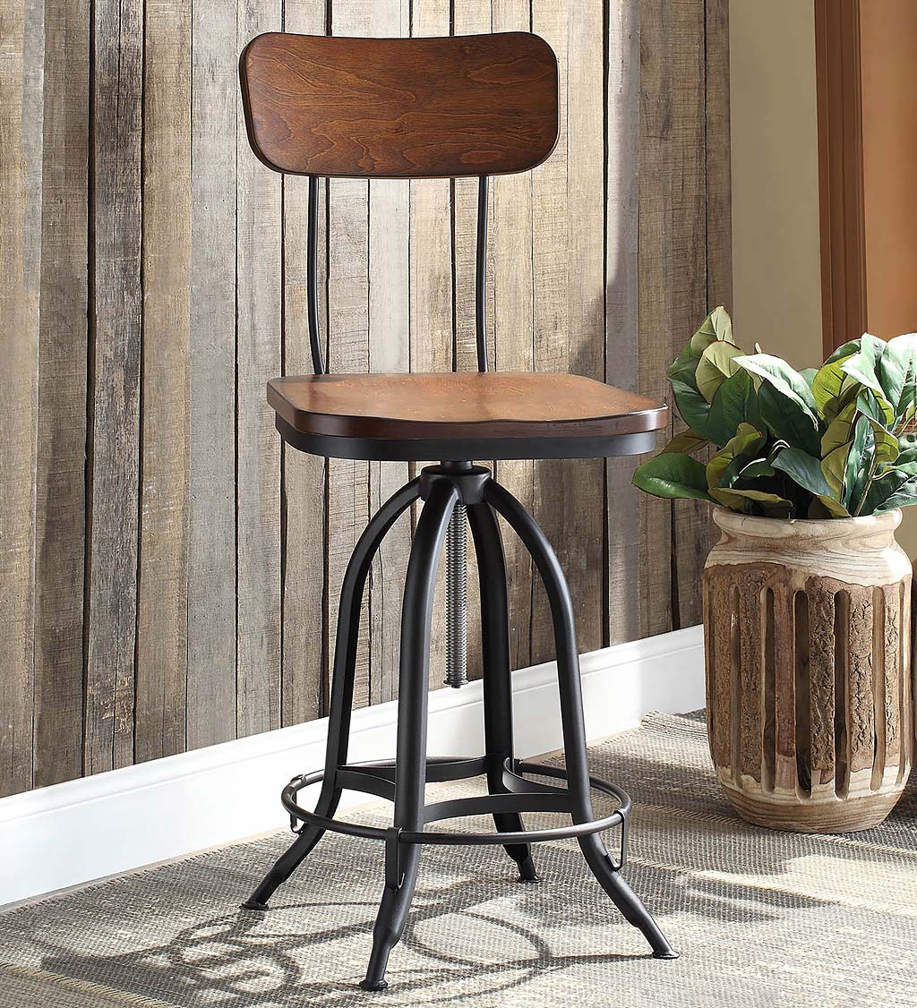 Deluxe Adjustable-Height Wood and Metal Stool with Back Rest