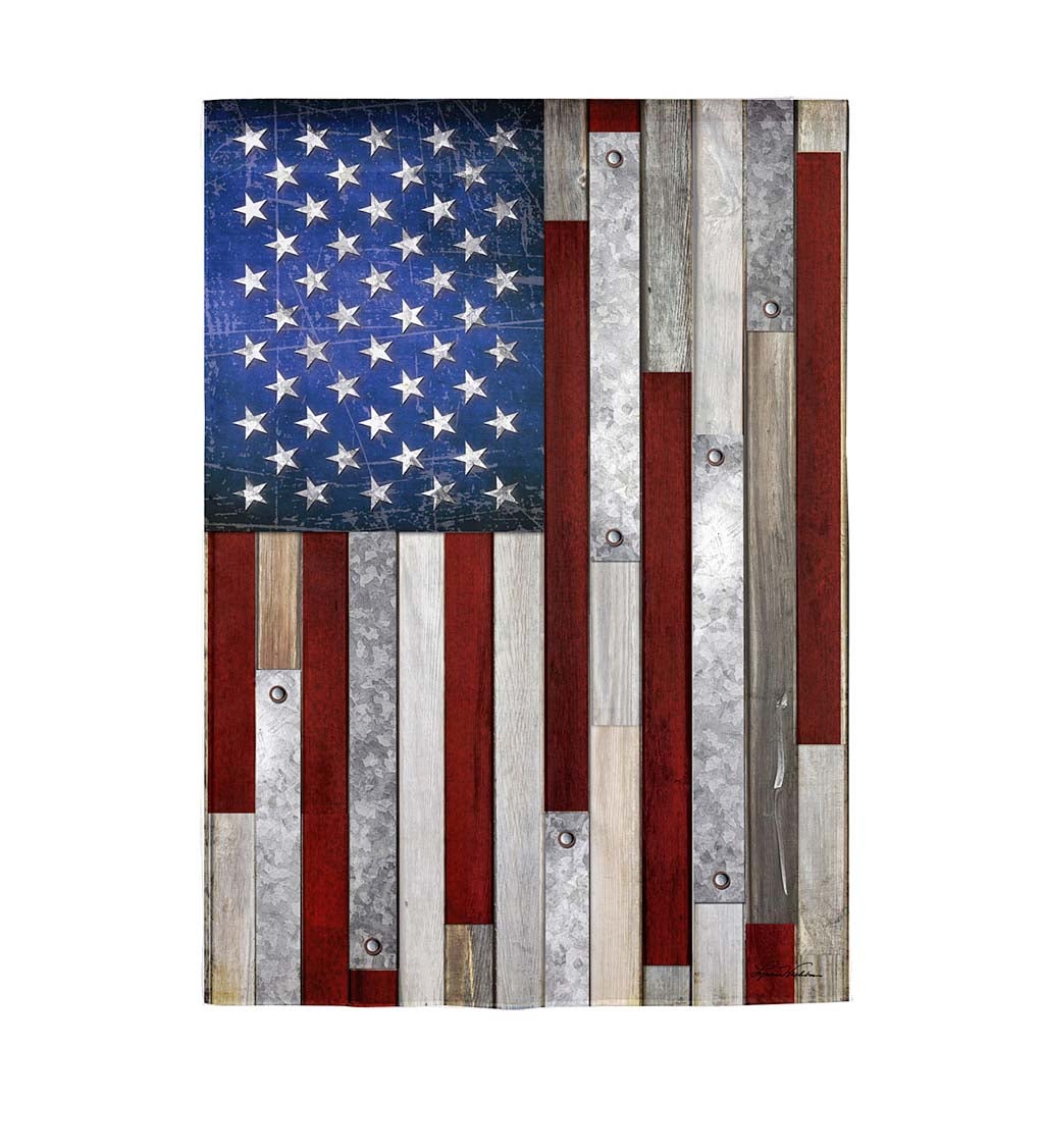 Rustic Wood and Galvanized Metal Americana Suede Garden Flag