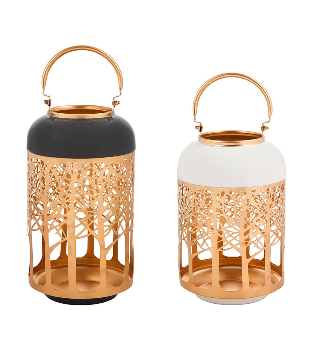 Laser Cut Metal Forest Lanterns with Handle, Set of 2