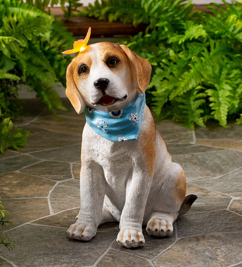 Beagle Puppy With Solar Butterfly Garden Statue