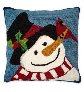 Indoor/Outdoor Hooked Snowman and Cardinal Pillow