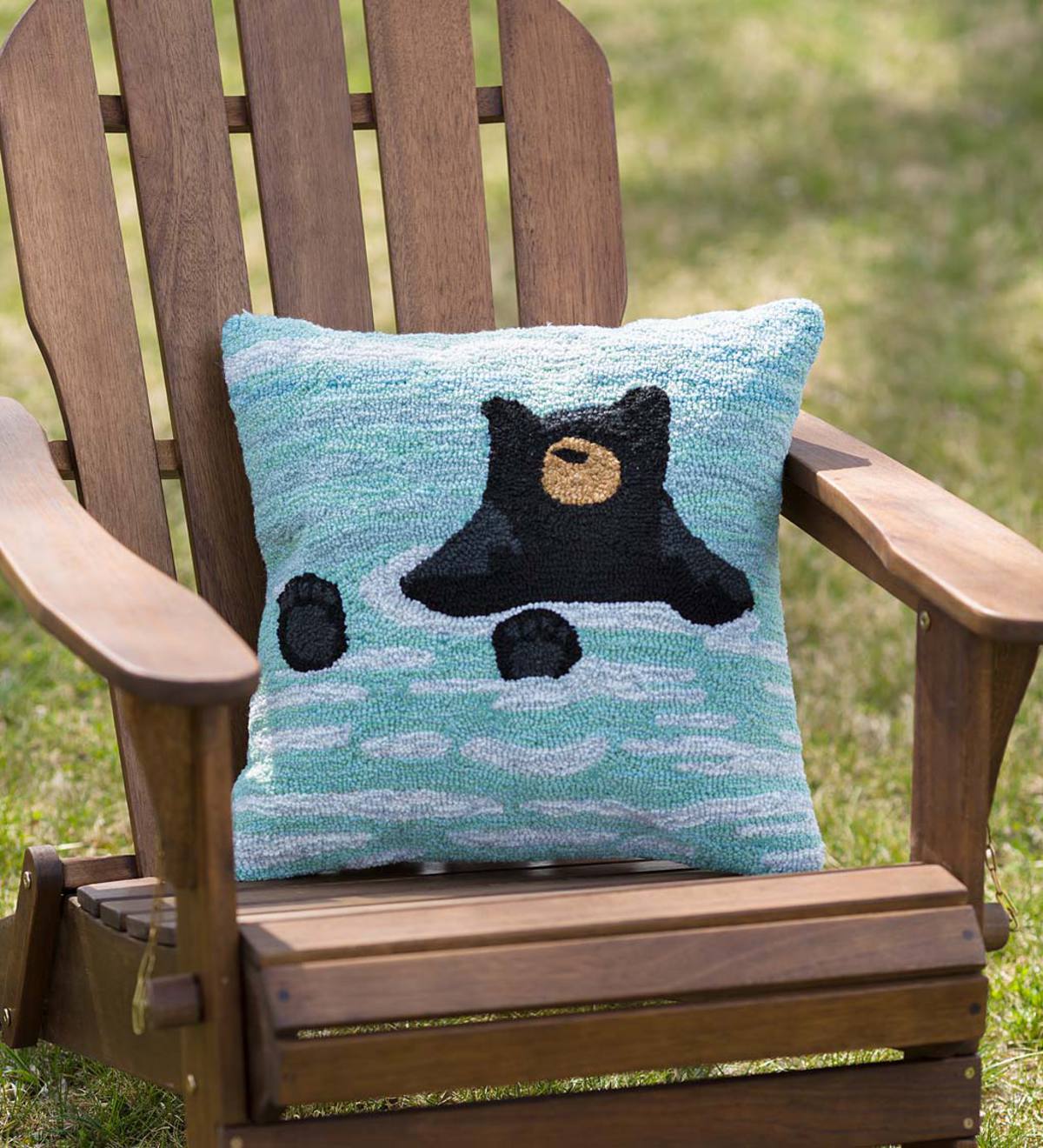 Indoor Outdoor Hooked Bathing Bear Throw Pillow Plowhearth