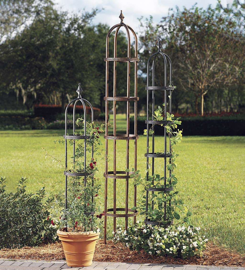 Powder Coated Steel Garden Obelisks And, Metal Garden Obelisk Trellis With Bird Accents