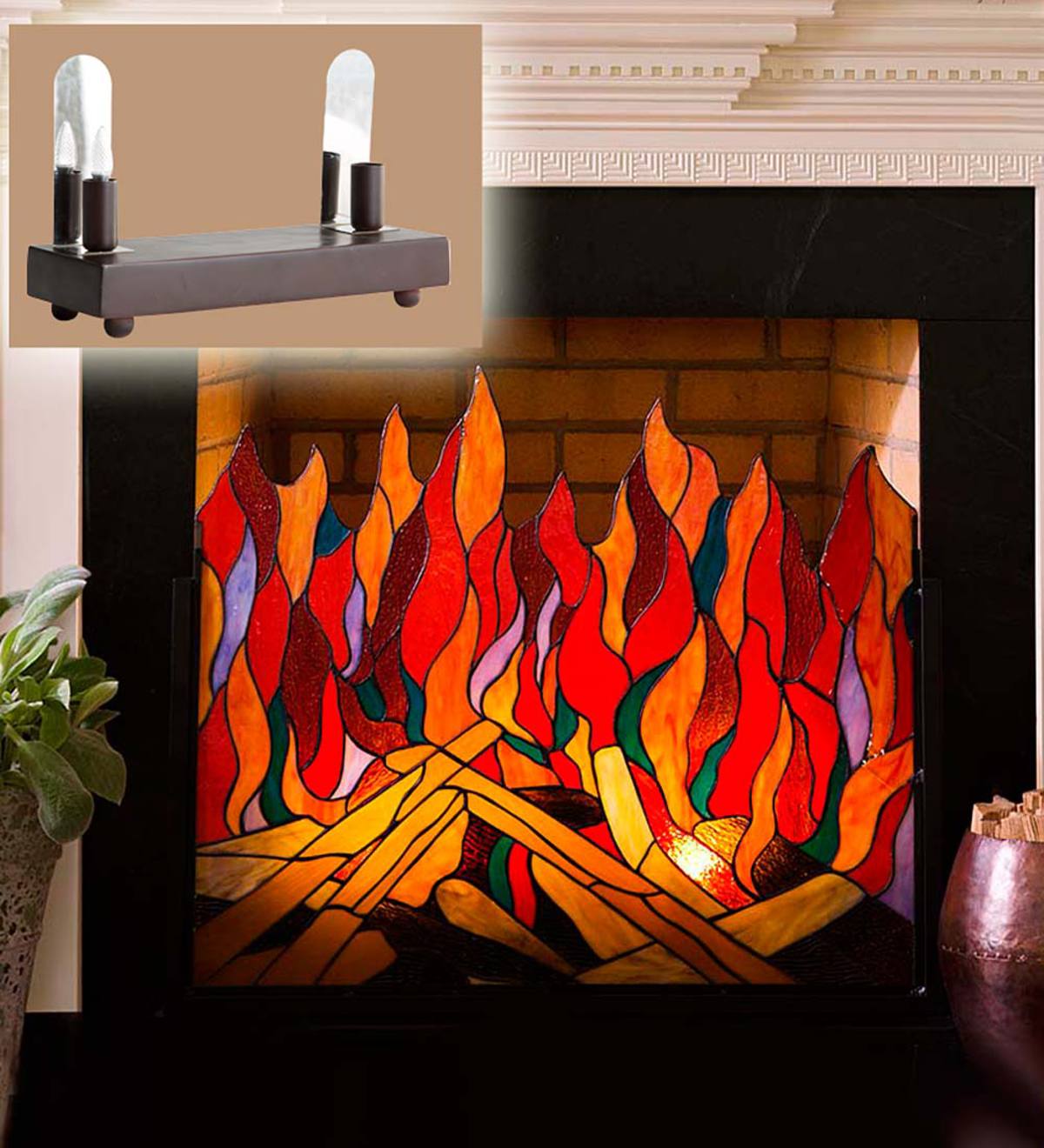 Stained Glass Roaring Fire Fireplace, Stained Glass Fireplace Guards