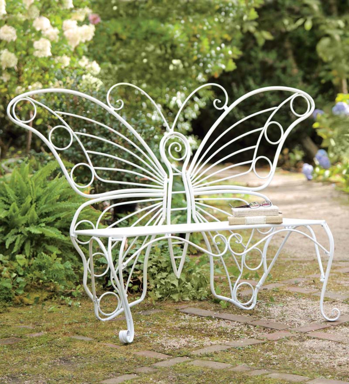 Weather-Resistant White Metal Butterfly Garden Bench 