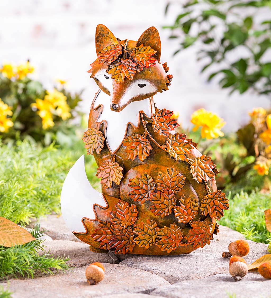 Handmade Metal Fall Leaves Fox Garden Statue
